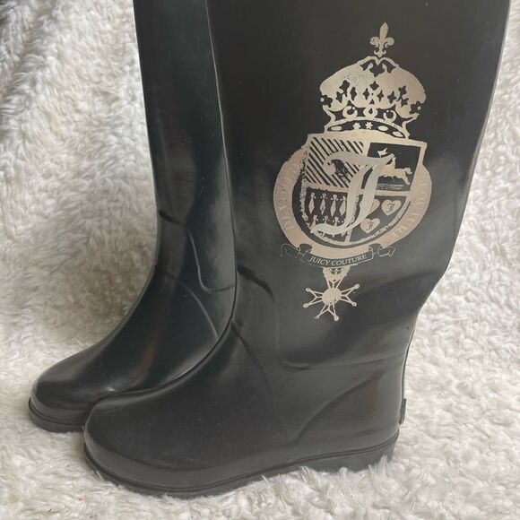 Juicy Couture Black rubber knee high rain boots with pink side logo design SZ9 - Picture 3 of 10